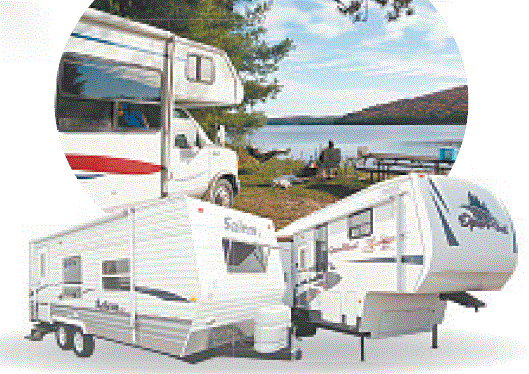 A picture collage of three used RVs with one parked in front of a lake and surrounded by trees.
