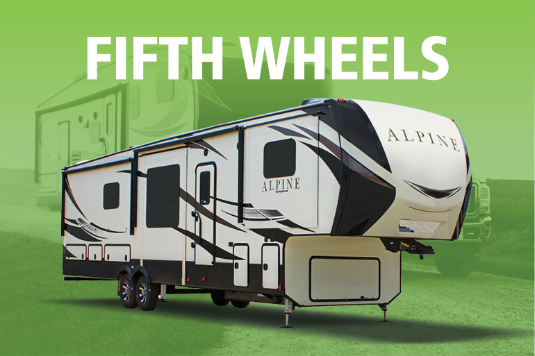 Keystone Alpine fifth wheel parked in front of green-tinted background with Fifth Wheels banner